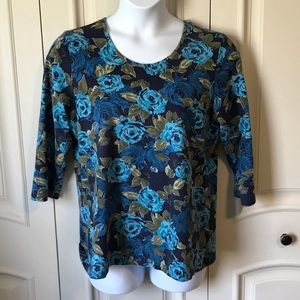 EUC Denim & Co. Perfect Jersey 3/4 Sleeve Rose Print T-shirt